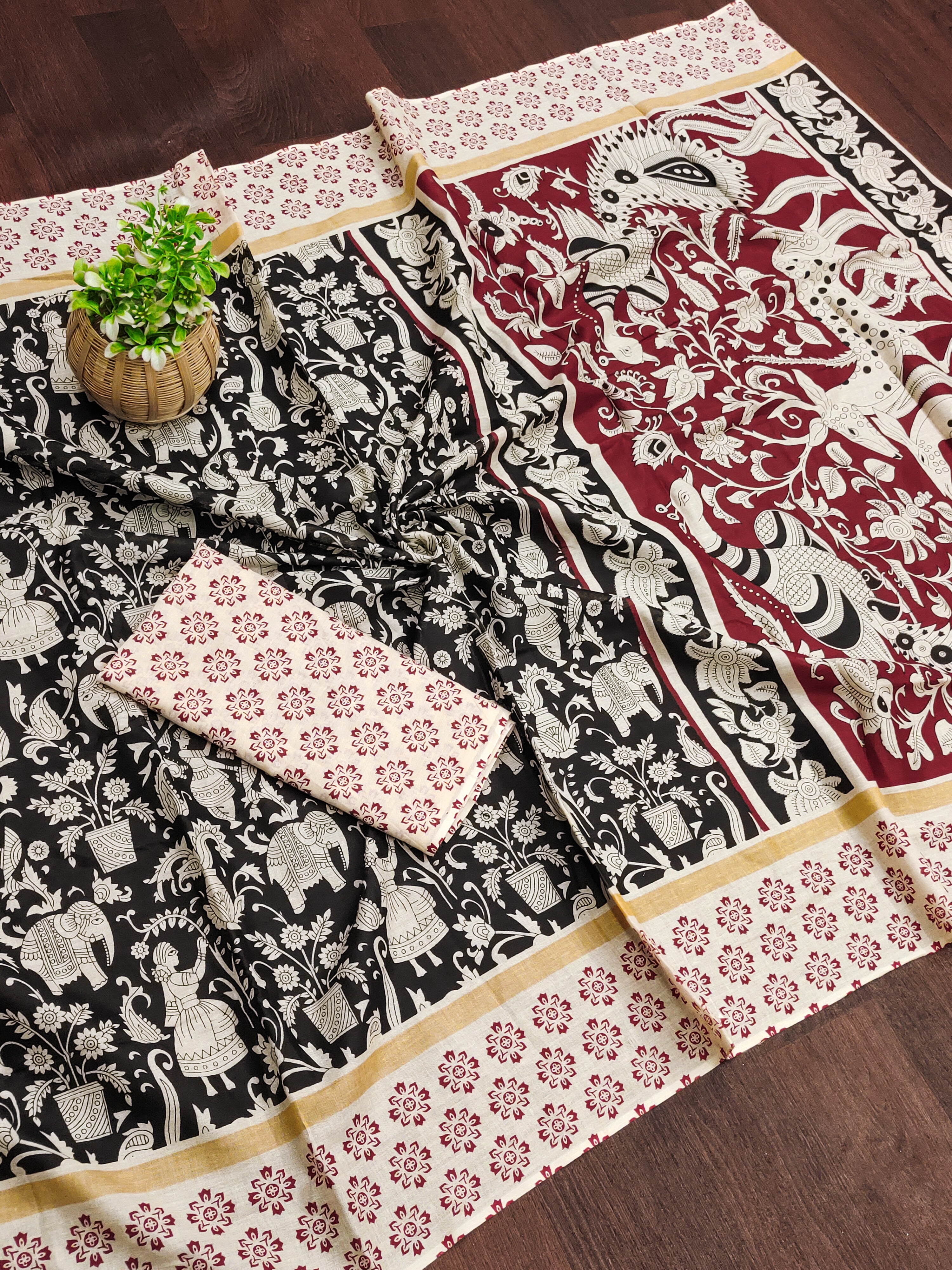 CHIRALA PURE MUL COTTON TRADITIONAL KALMKARI HAND BLOCK  PRINT BLACK SAREE