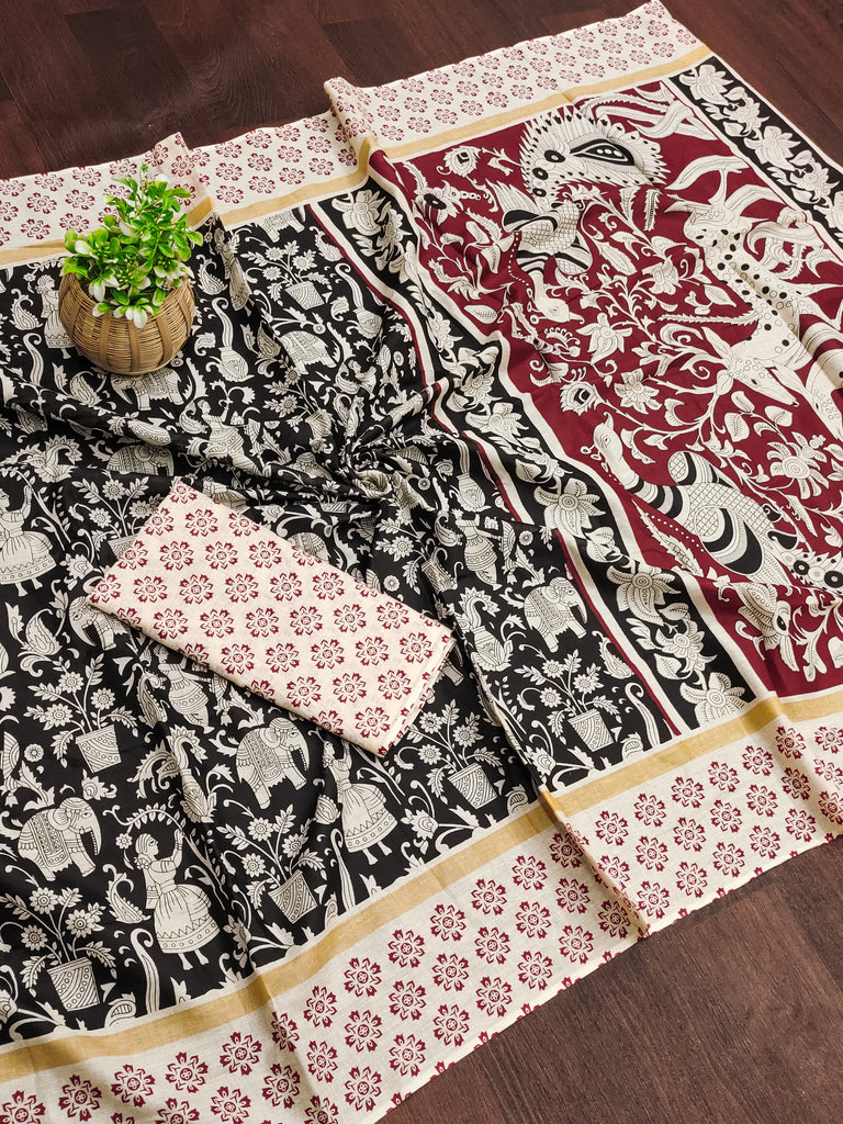 CHIRALA PURE MUL COTTON TRADITIONAL KALMKARI HAND BLOCK  PRINT BLACK SAREE