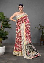 CHIRALA PURE MUL COTTON TRADITIONAL KALMKARI HAND BLOCK  PRINT MAROON SAREE