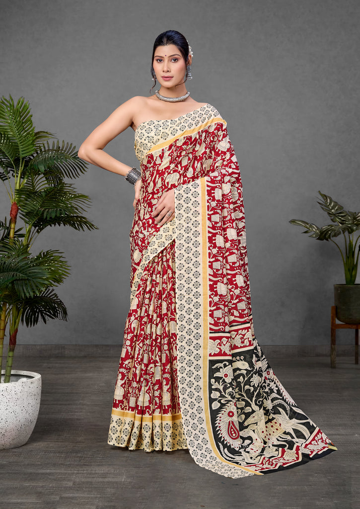 CHIRALA PURE MUL COTTON TRADITIONAL KALMKARI HAND BLOCK  PRINT MAROON SAREE