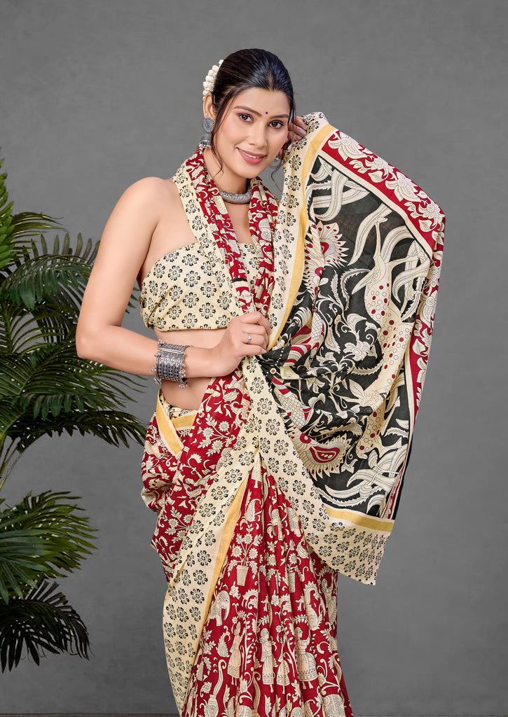 CHIRALA PURE MUL COTTON TRADITIONAL KALMKARI HAND BLOCK  PRINT MAROON SAREE