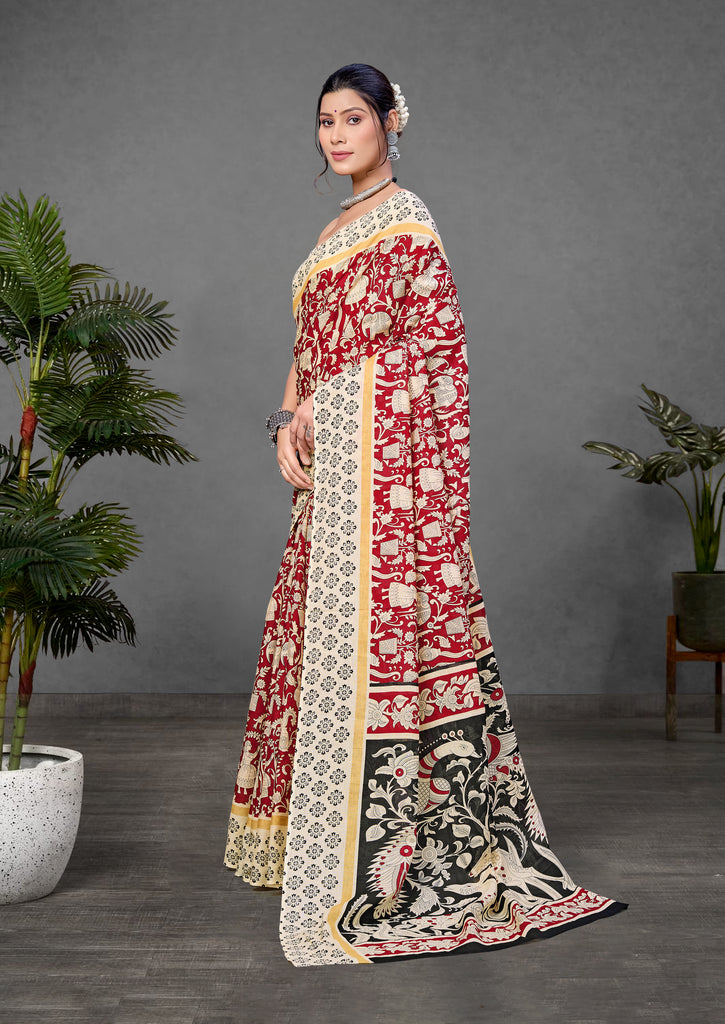 CHIRALA PURE MUL COTTON TRADITIONAL KALMKARI HAND BLOCK  PRINT MAROON SAREE