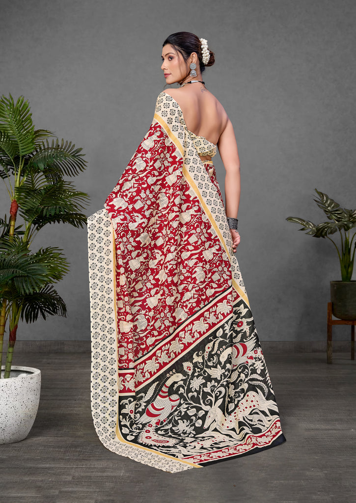 CHIRALA PURE MUL COTTON TRADITIONAL KALMKARI HAND BLOCK  PRINT MAROON SAREE