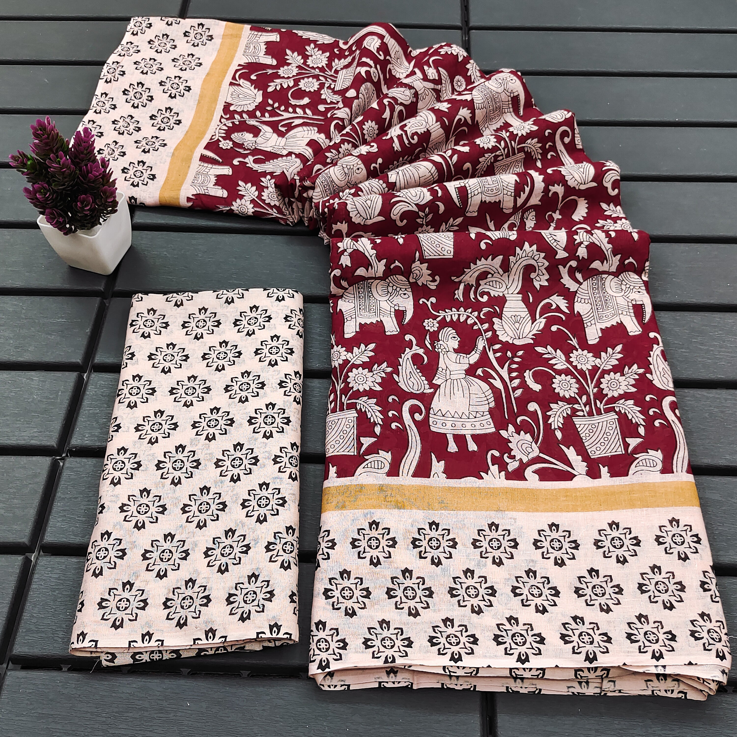 CHIRALA PURE MUL COTTON TRADITIONAL KALMKARI HAND BLOCK  PRINT MAROON SAREE