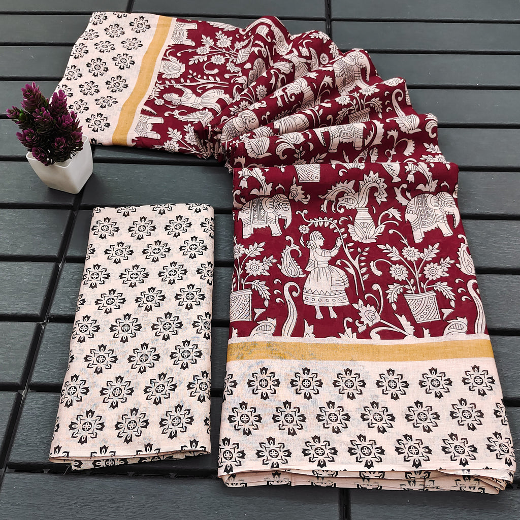 CHIRALA PURE MUL COTTON TRADITIONAL KALMKARI HAND BLOCK  PRINT MAROON SAREE