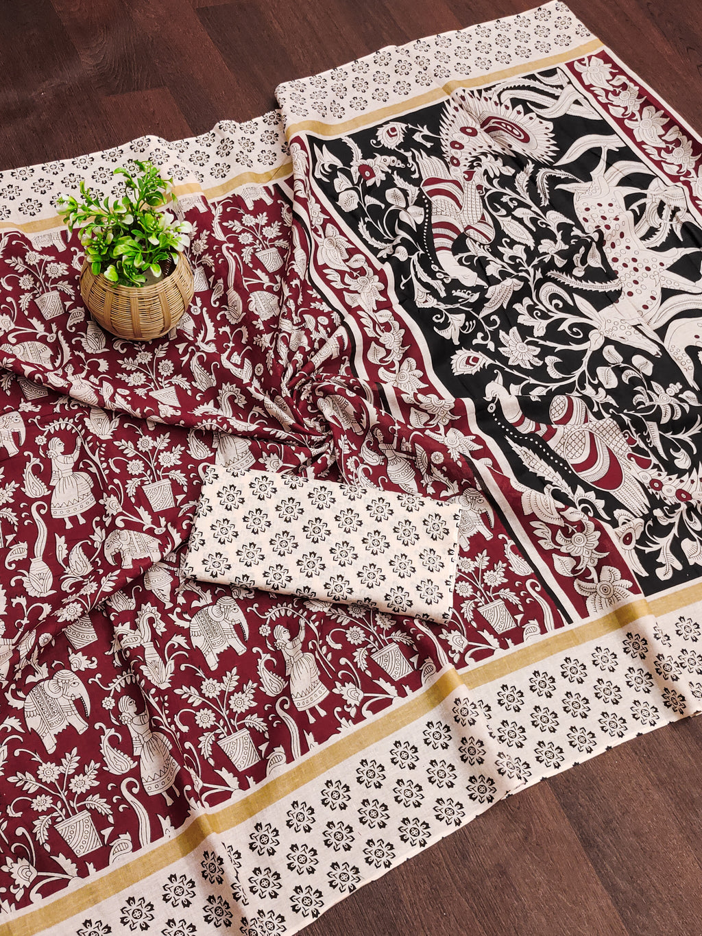 CHIRALA PURE MUL COTTON TRADITIONAL KALMKARI HAND BLOCK  PRINT MAROON SAREE