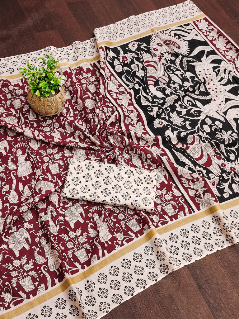 CHIRALA PURE MUL COTTON TRADITIONAL KALMKARI HAND BLOCK  PRINT MAROON SAREE