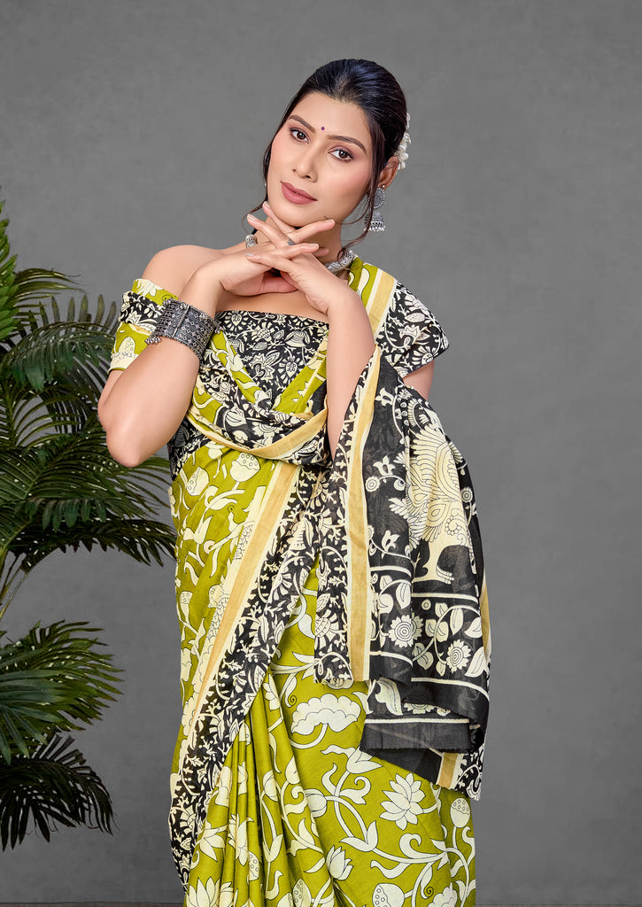 CHIRALA PURE MUL COTTON TRADITIONAL KALMKARI HAND BLOCK  PRINT GREEN SAREE