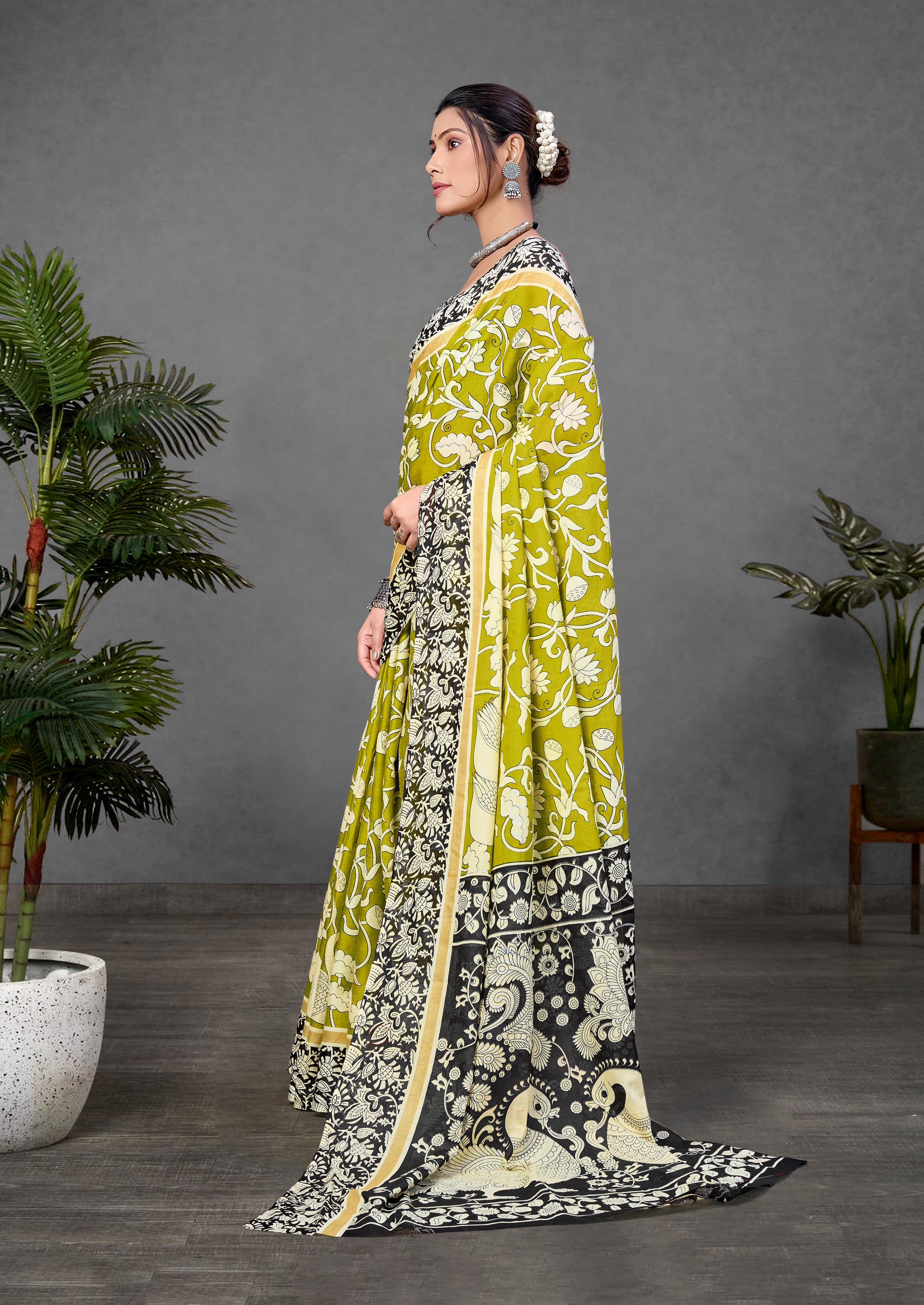 CHIRALA PURE MUL COTTON TRADITIONAL KALMKARI HAND BLOCK  PRINT GREEN SAREE