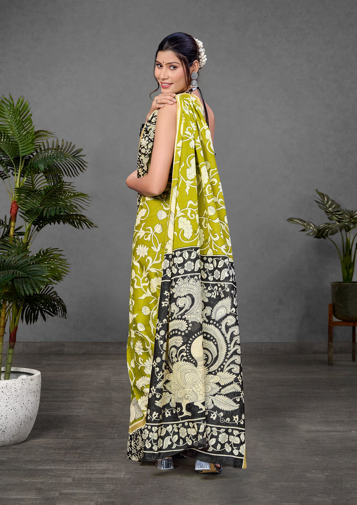 CHIRALA PURE MUL COTTON TRADITIONAL KALMKARI HAND BLOCK  PRINT GREEN SAREE