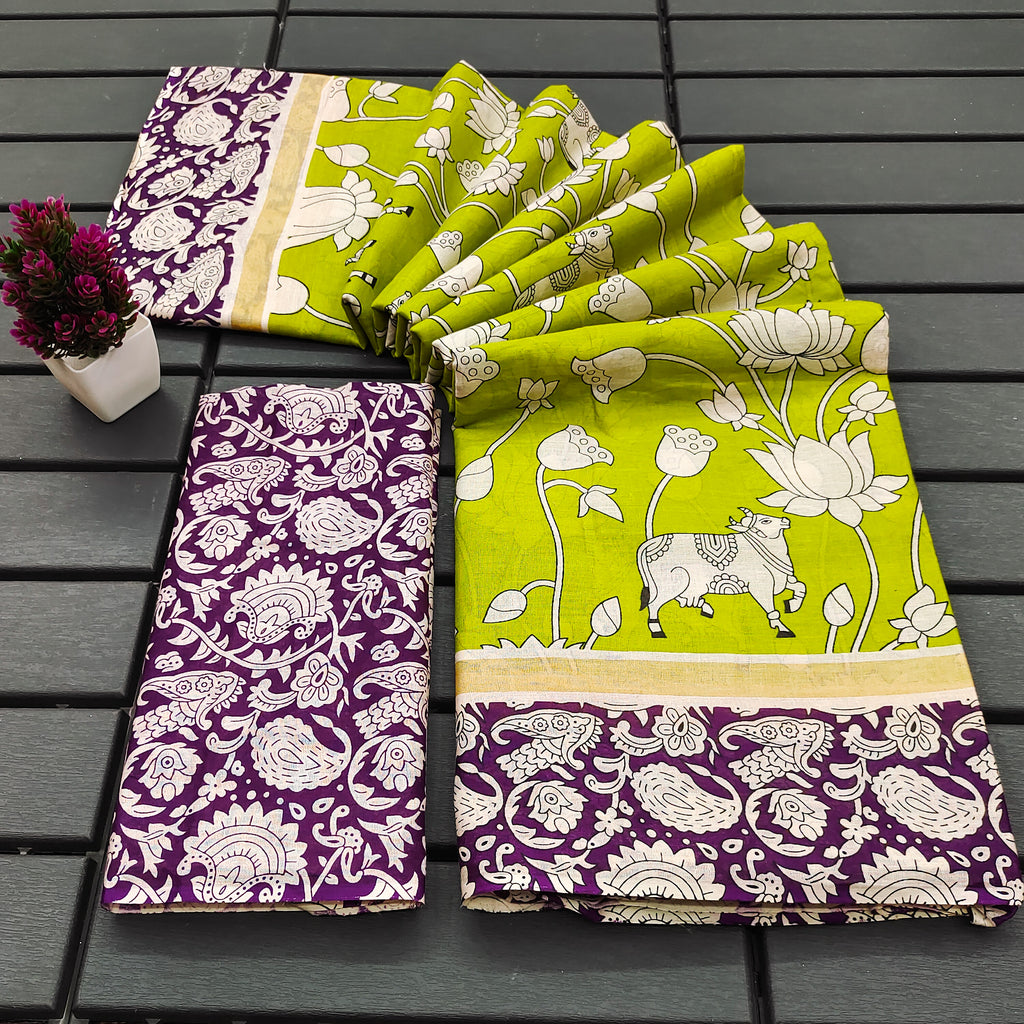 CHIRALA PURE MUL COTTON TRADITIONAL KALMKARI HAND BLOCK  PRINT GREEN SAREE