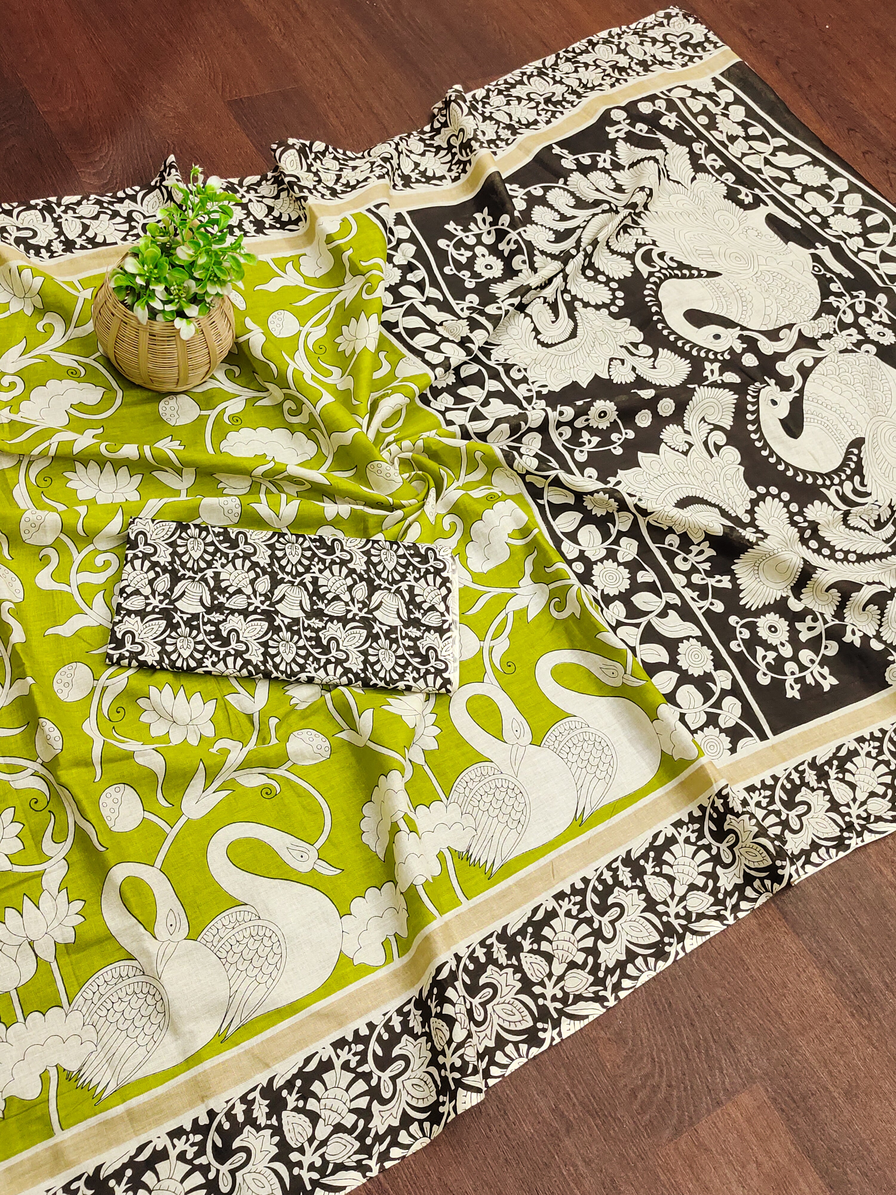 CHIRALA PURE MUL COTTON TRADITIONAL KALMKARI HAND BLOCK  PRINT GREEN SAREE