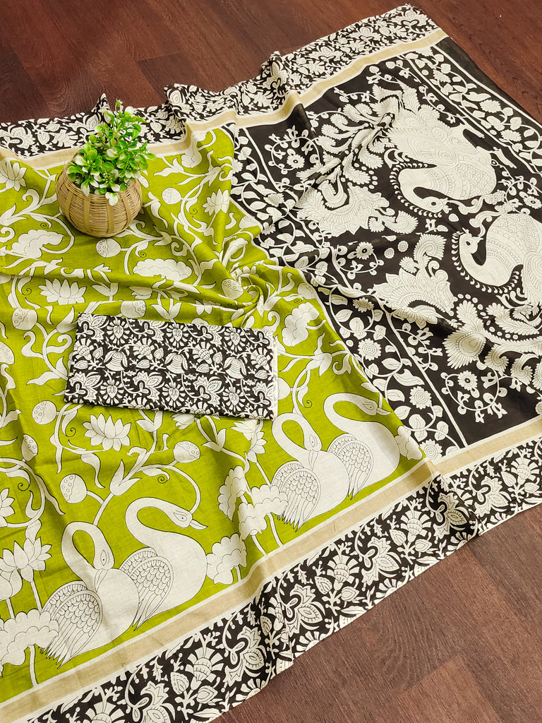 CHIRALA PURE MUL COTTON TRADITIONAL KALMKARI HAND BLOCK  PRINT GREEN SAREE