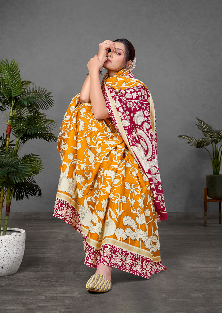 CHIRALA PURE MUL COTTON TRADITIONAL KALMKARI HAND BLOCK  PRINT MUSTARD SAREE