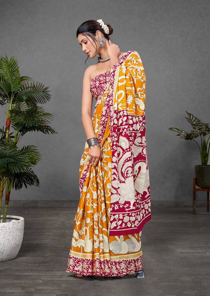 CHIRALA PURE MUL COTTON TRADITIONAL KALMKARI HAND BLOCK  PRINT MUSTARD SAREE