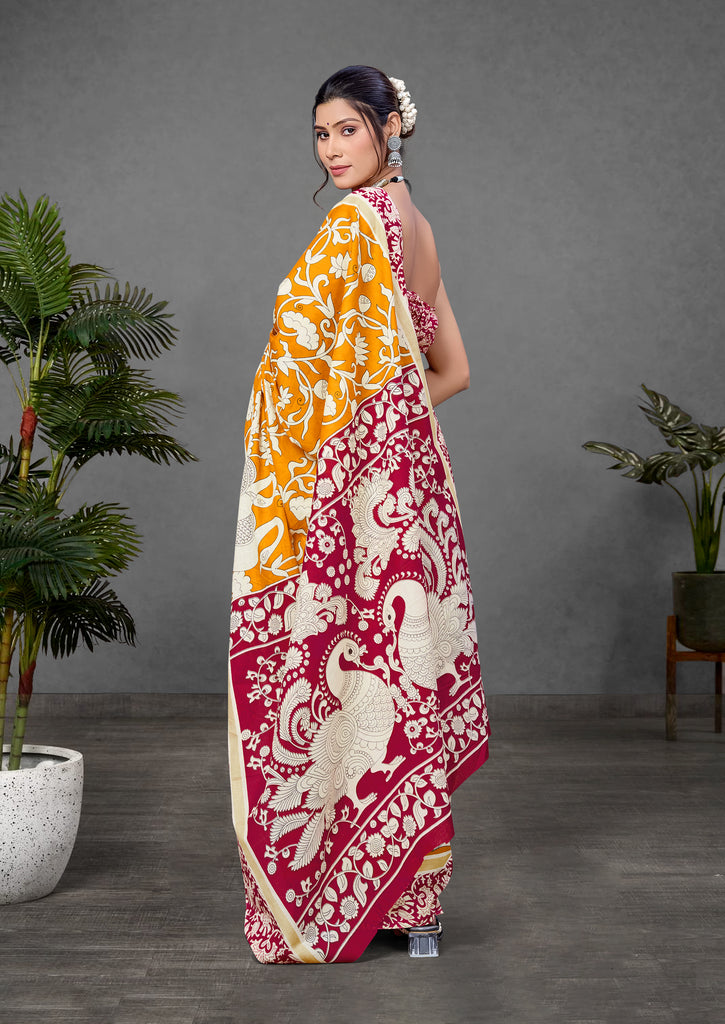 CHIRALA PURE MUL COTTON TRADITIONAL KALMKARI HAND BLOCK  PRINT MUSTARD SAREE