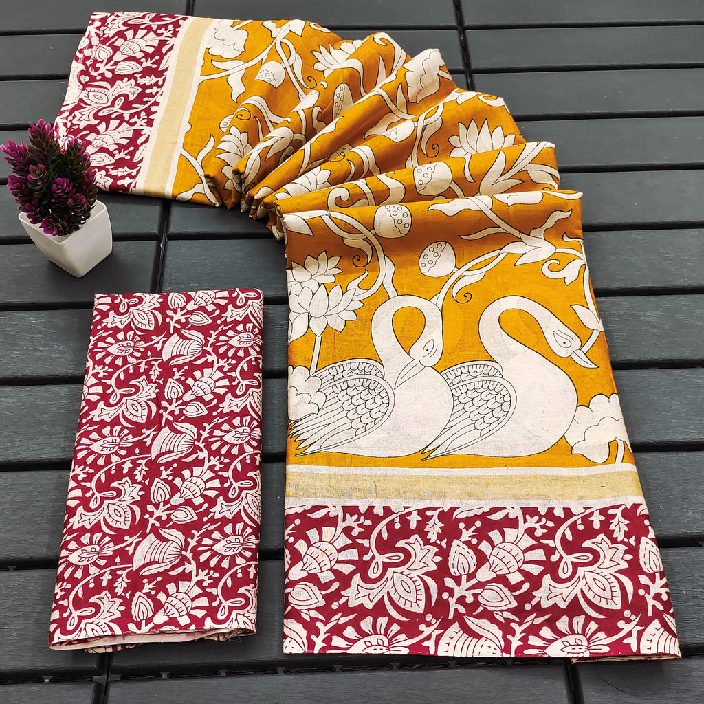 CHIRALA PURE MUL COTTON TRADITIONAL KALMKARI HAND BLOCK  PRINT MUSTARD SAREE