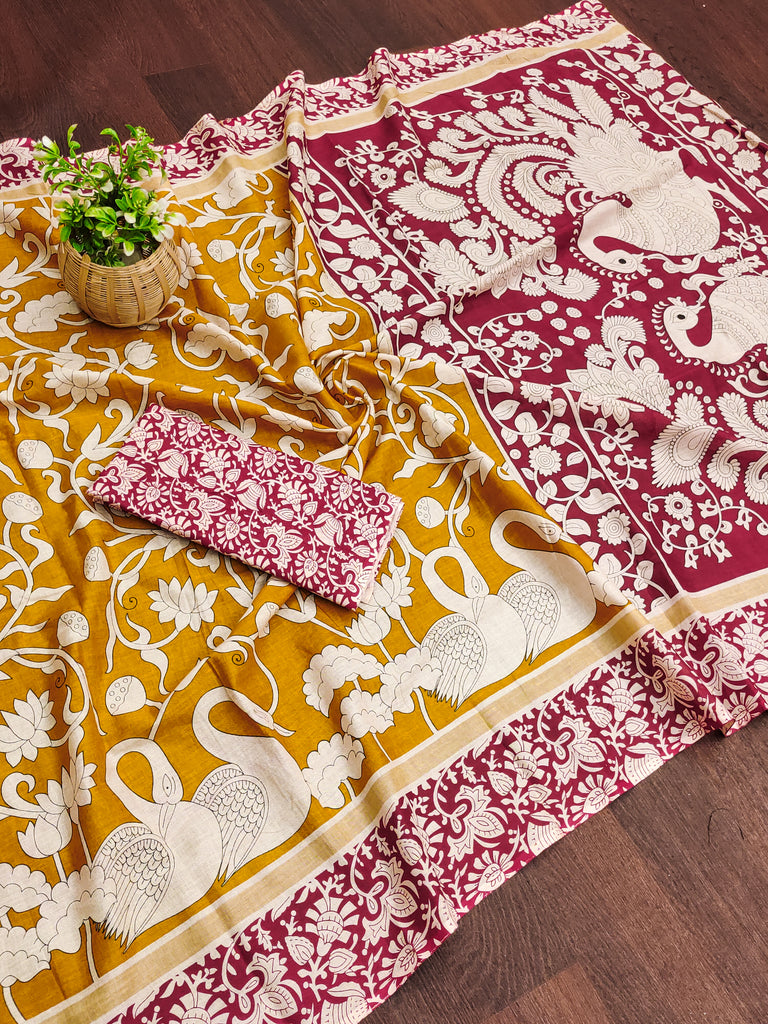CHIRALA PURE MUL COTTON TRADITIONAL KALMKARI HAND BLOCK  PRINT MUSTARD SAREE