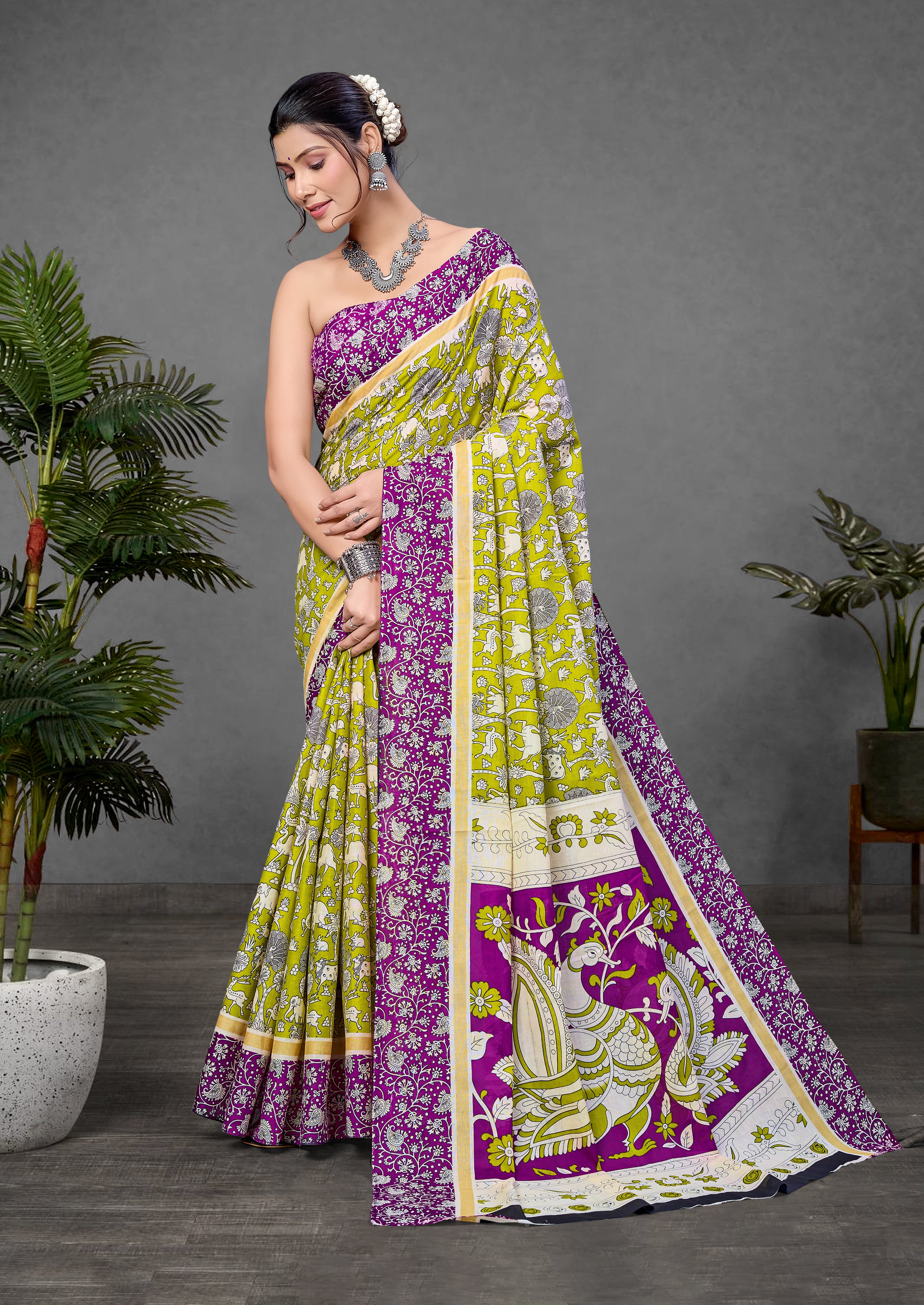 CHIRALA PURE MUL COTTON TRADITIONAL KALMKARI HAND BLOCK  PRINT GREEN SAREE