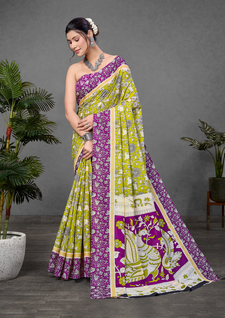 CHIRALA PURE MUL COTTON TRADITIONAL KALMKARI HAND BLOCK  PRINT GREEN SAREE