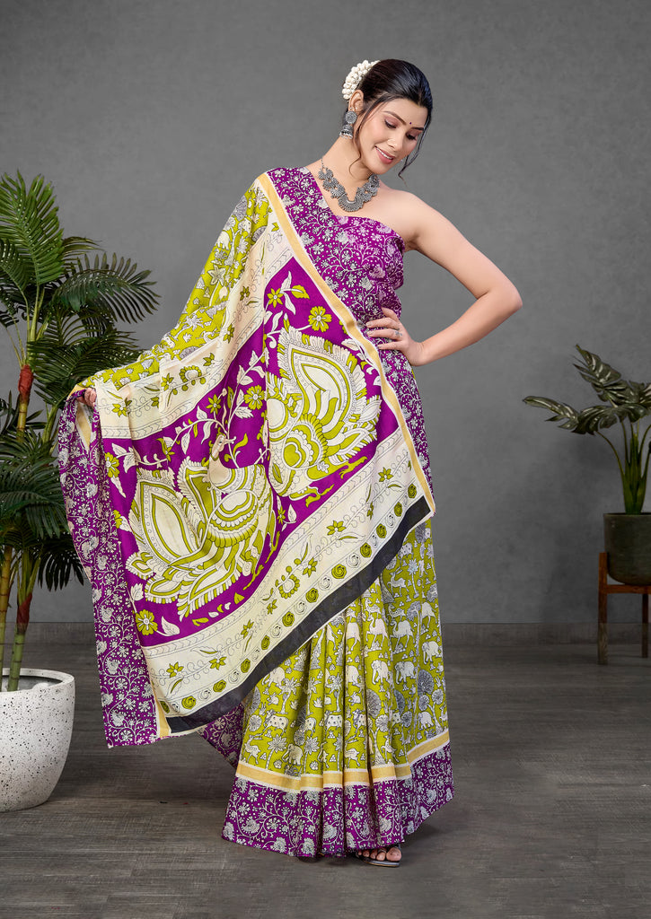 CHIRALA PURE MUL COTTON TRADITIONAL KALMKARI HAND BLOCK  PRINT GREEN SAREE