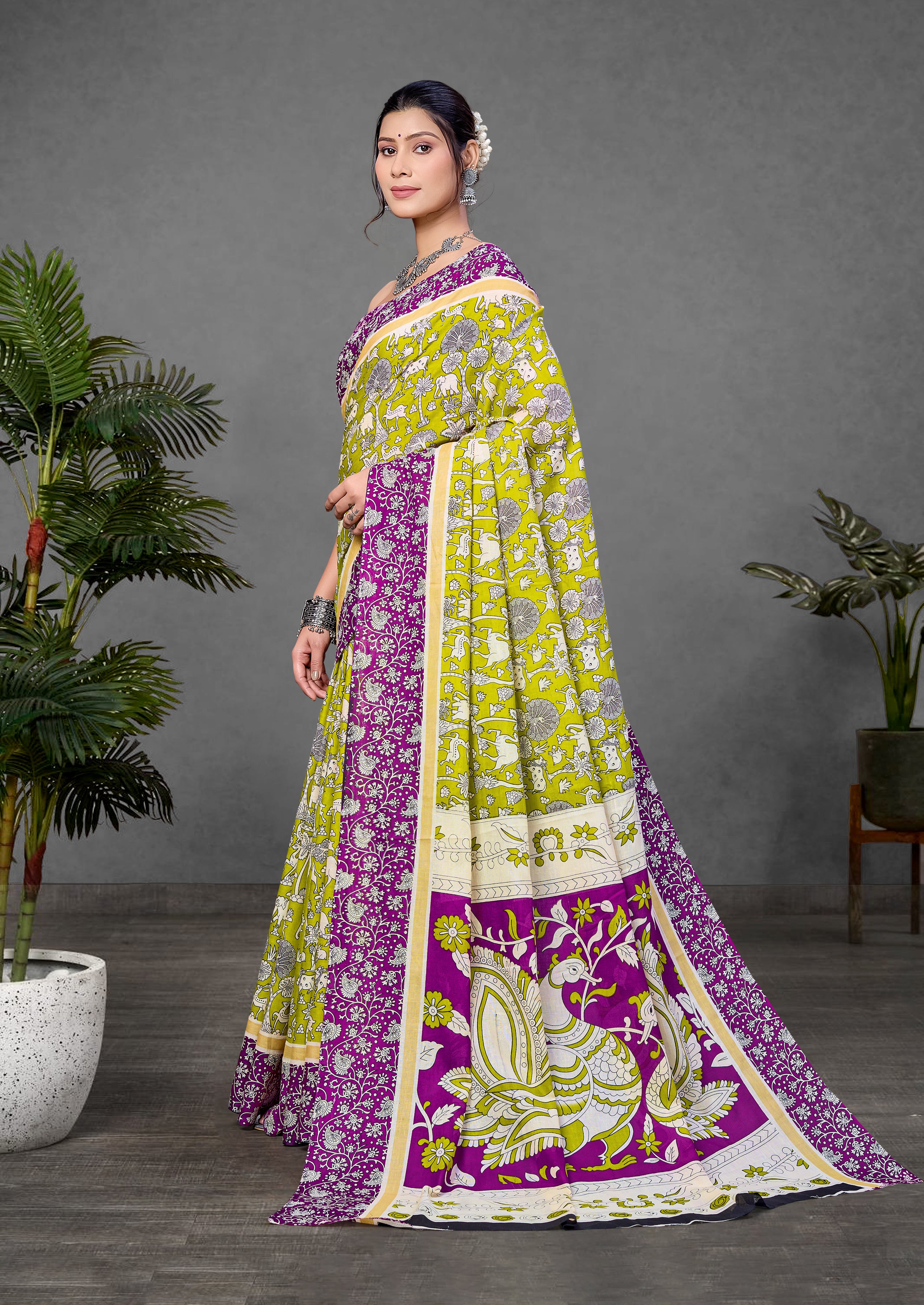 CHIRALA PURE MUL COTTON TRADITIONAL KALMKARI HAND BLOCK  PRINT GREEN SAREE