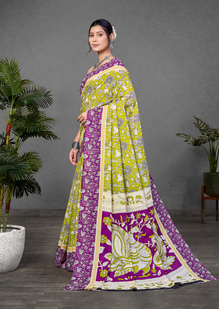CHIRALA PURE MUL COTTON TRADITIONAL KALMKARI HAND BLOCK  PRINT GREEN SAREE