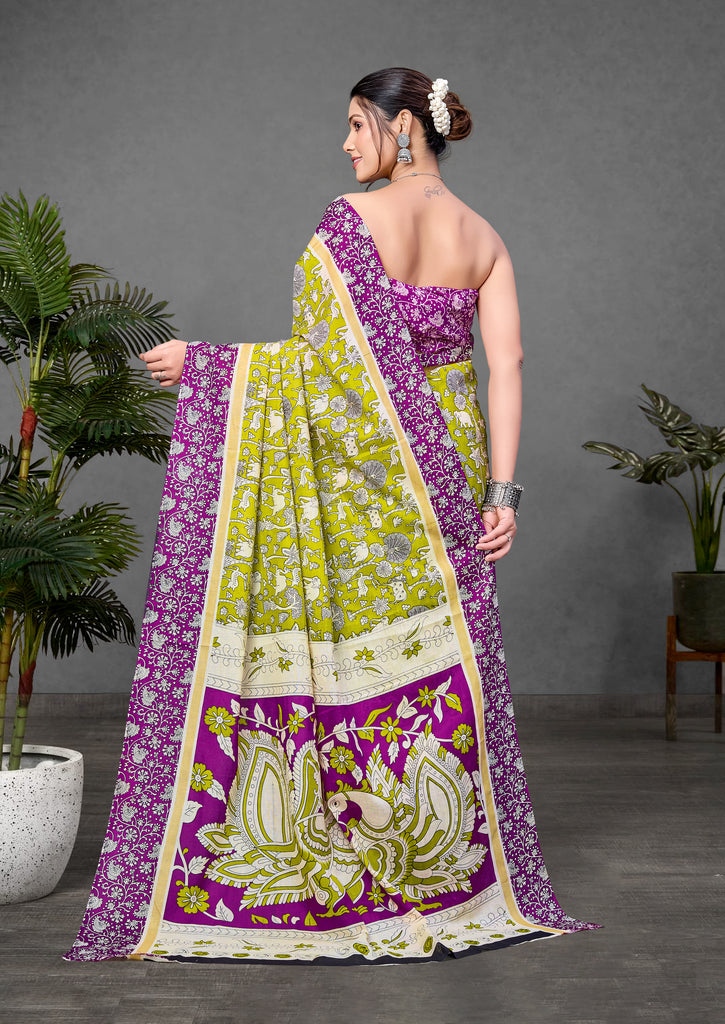 CHIRALA PURE MUL COTTON TRADITIONAL KALMKARI HAND BLOCK  PRINT GREEN SAREE