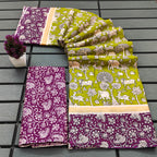 CHIRALA PURE MUL COTTON TRADITIONAL KALMKARI HAND BLOCK  PRINT GREEN SAREE