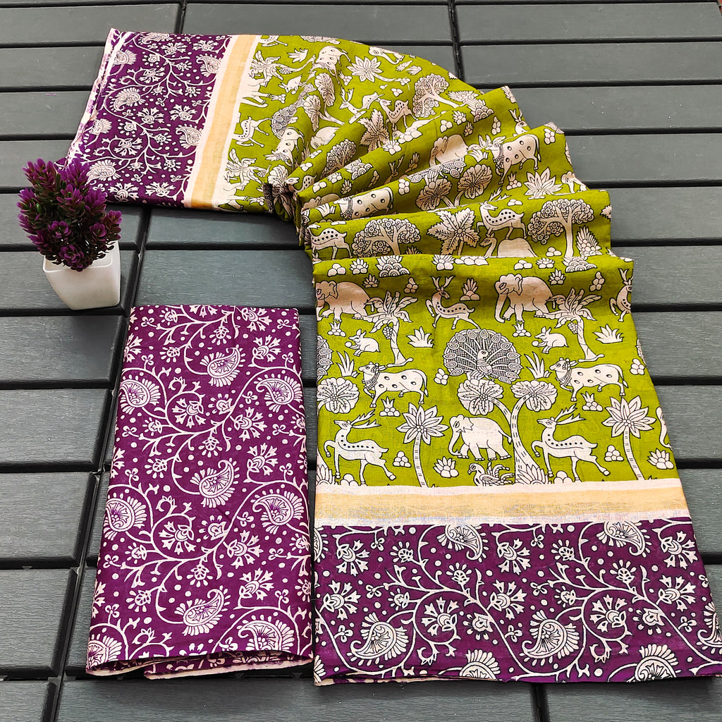 CHIRALA PURE MUL COTTON TRADITIONAL KALMKARI HAND BLOCK  PRINT GREEN SAREE