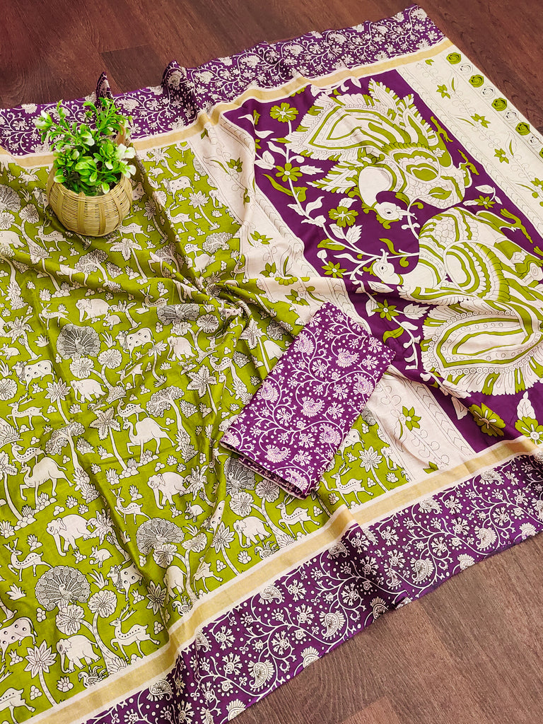 CHIRALA PURE MUL COTTON TRADITIONAL KALMKARI HAND BLOCK  PRINT GREEN SAREE
