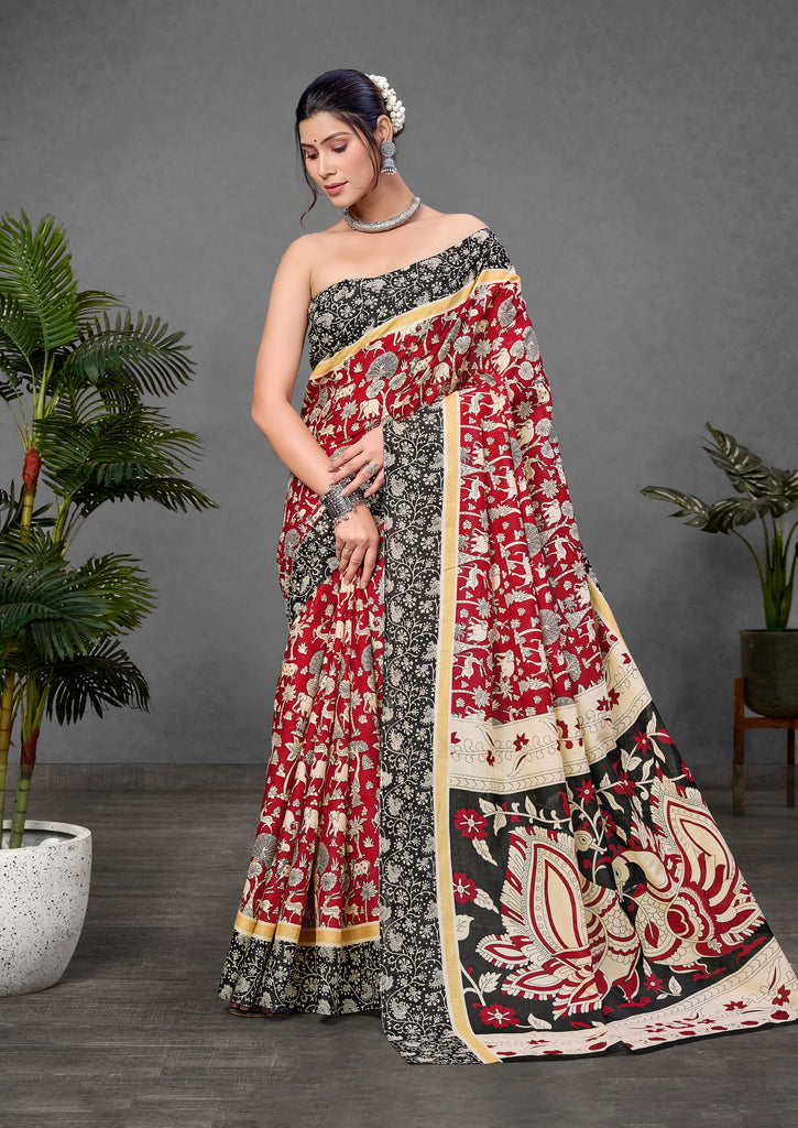 CHIRALA PURE MUL COTTON TRADITIONAL KALMKARI HAND BLOCK  PRINT MAROON SAREE