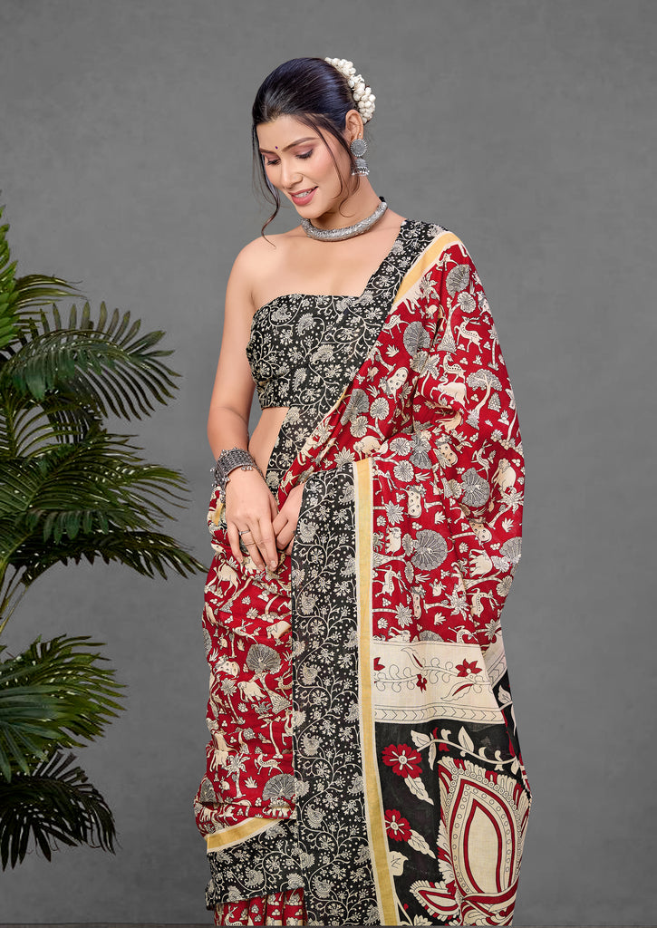 CHIRALA PURE MUL COTTON TRADITIONAL KALMKARI HAND BLOCK  PRINT MAROON SAREE