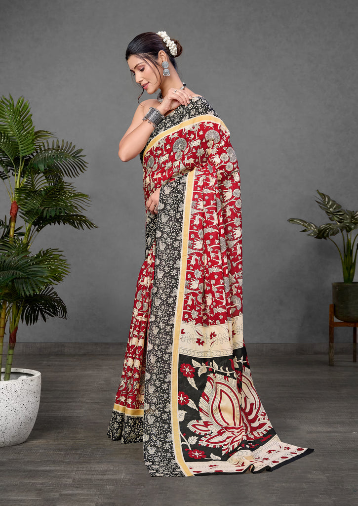 CHIRALA PURE MUL COTTON TRADITIONAL KALMKARI HAND BLOCK  PRINT MAROON SAREE