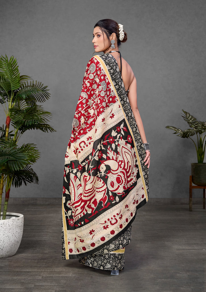 CHIRALA PURE MUL COTTON TRADITIONAL KALMKARI HAND BLOCK  PRINT MAROON SAREE