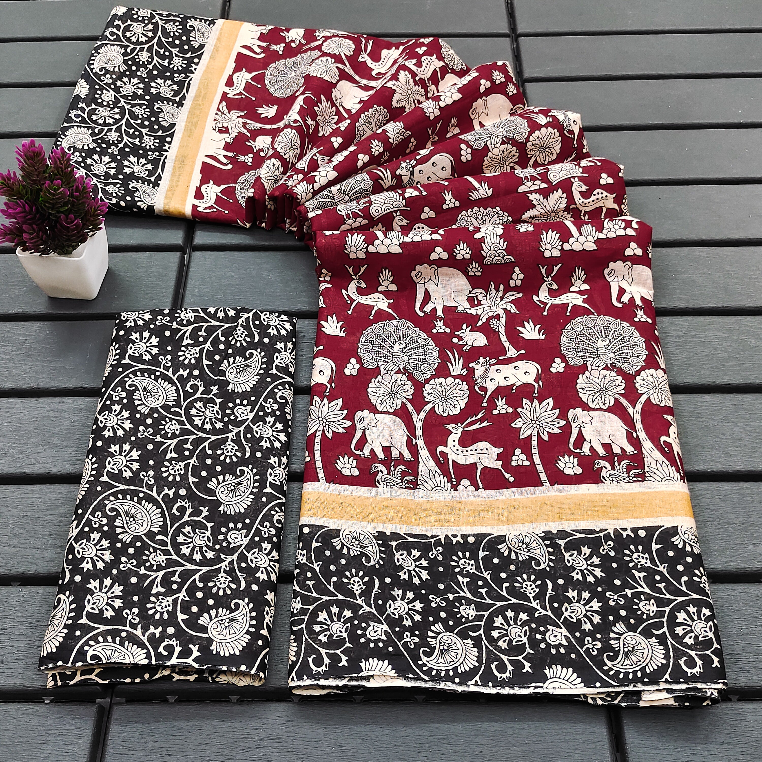 CHIRALA PURE MUL COTTON TRADITIONAL KALMKARI HAND BLOCK  PRINT MAROON SAREE