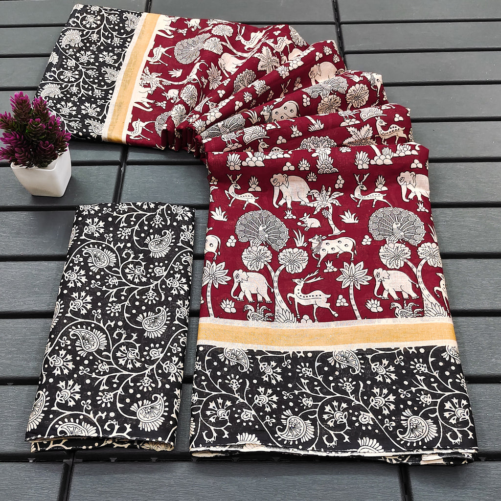 CHIRALA PURE MUL COTTON TRADITIONAL KALMKARI HAND BLOCK  PRINT MAROON SAREE