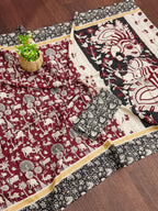 CHIRALA PURE MUL COTTON TRADITIONAL KALMKARI HAND BLOCK  PRINT MAROON SAREE