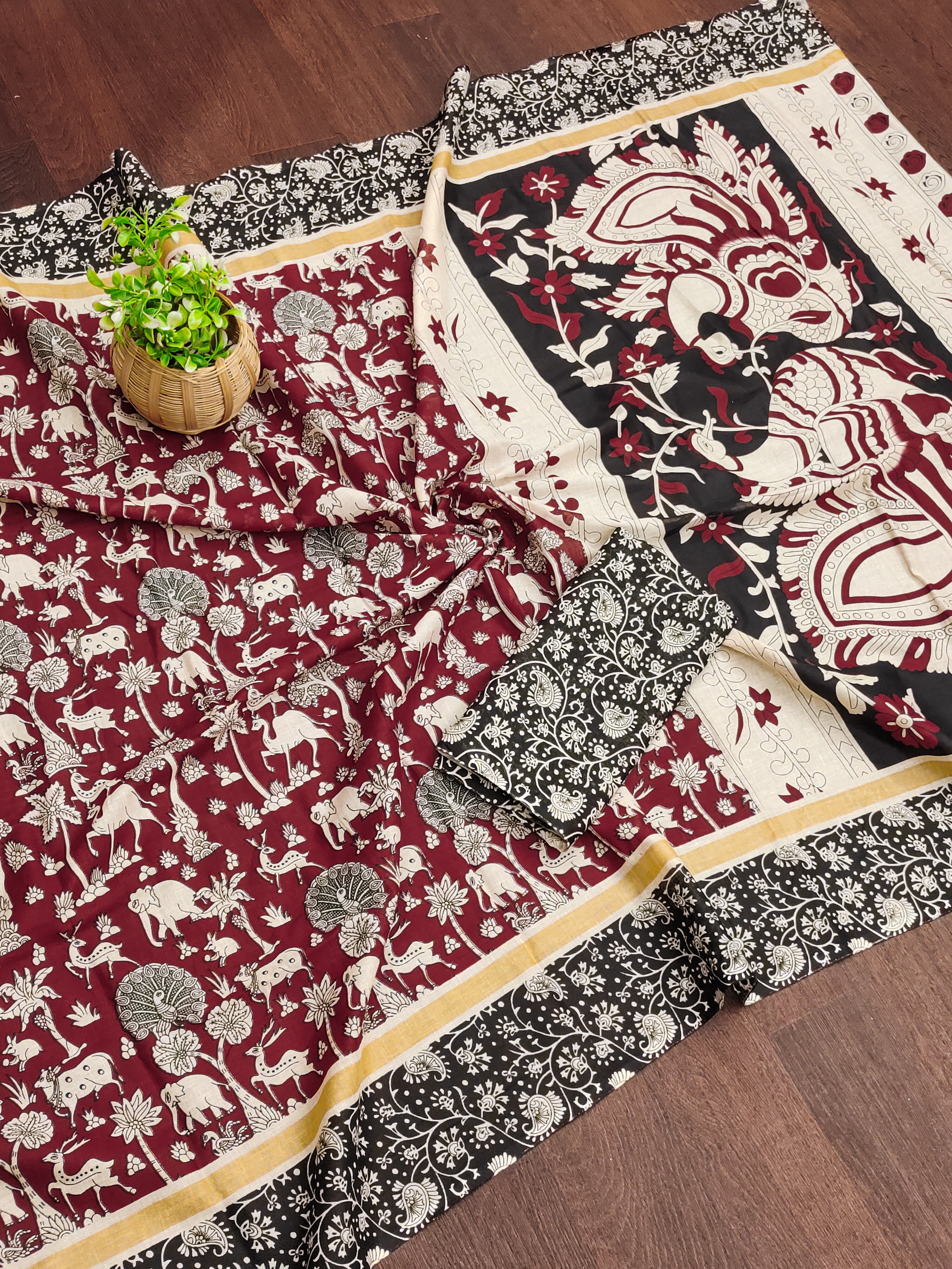 CHIRALA PURE MUL COTTON TRADITIONAL KALMKARI HAND BLOCK  PRINT MAROON SAREE