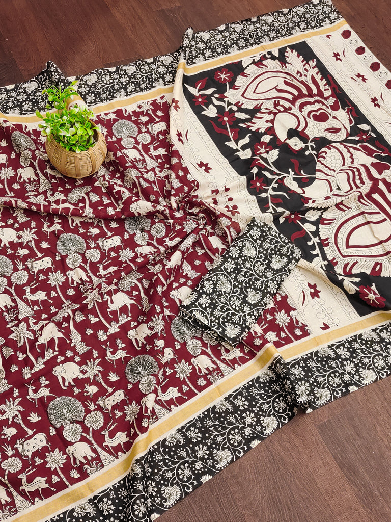 CHIRALA PURE MUL COTTON TRADITIONAL KALMKARI HAND BLOCK  PRINT MAROON SAREE
