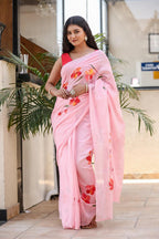 PICHI HAND PAINT PRIMUM SOFT ORIGNAL PURE MUSLIN SILK PINK SAREE