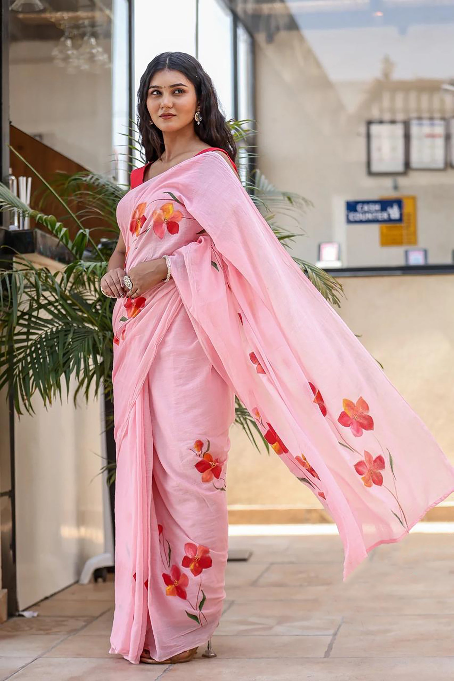 PICHI HAND PAINT PRIMUM SOFT ORIGNAL PURE MUSLIN SILK PINK SAREE