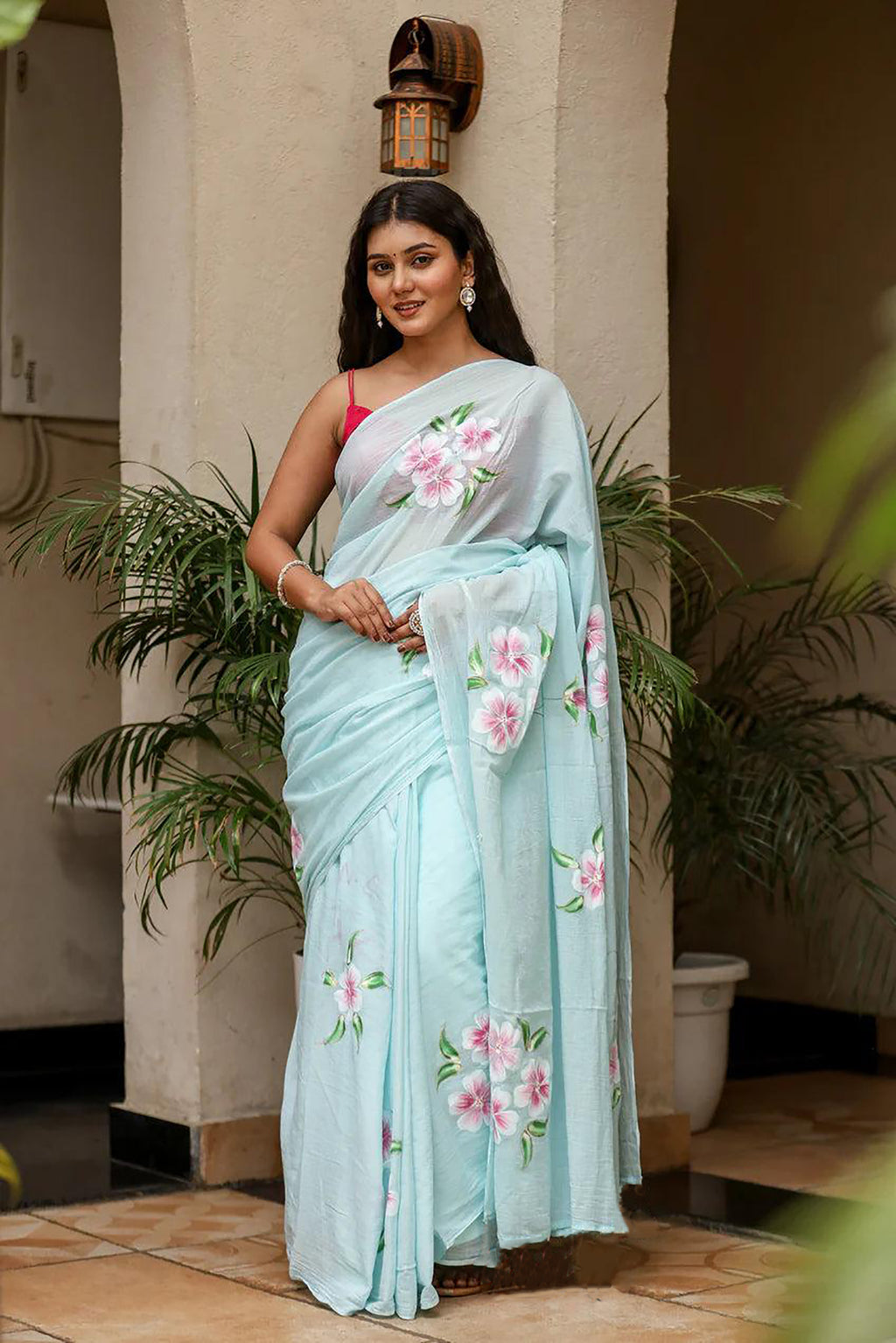 PICHI HAND PAINT PRIMUM SOFT ORIGNAL PURE MUSLIN SILK SKY BLUE SAREE