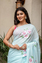 PICHI HAND PAINT PRIMUM SOFT ORIGNAL PURE MUSLIN SILK SKY BLUE SAREE