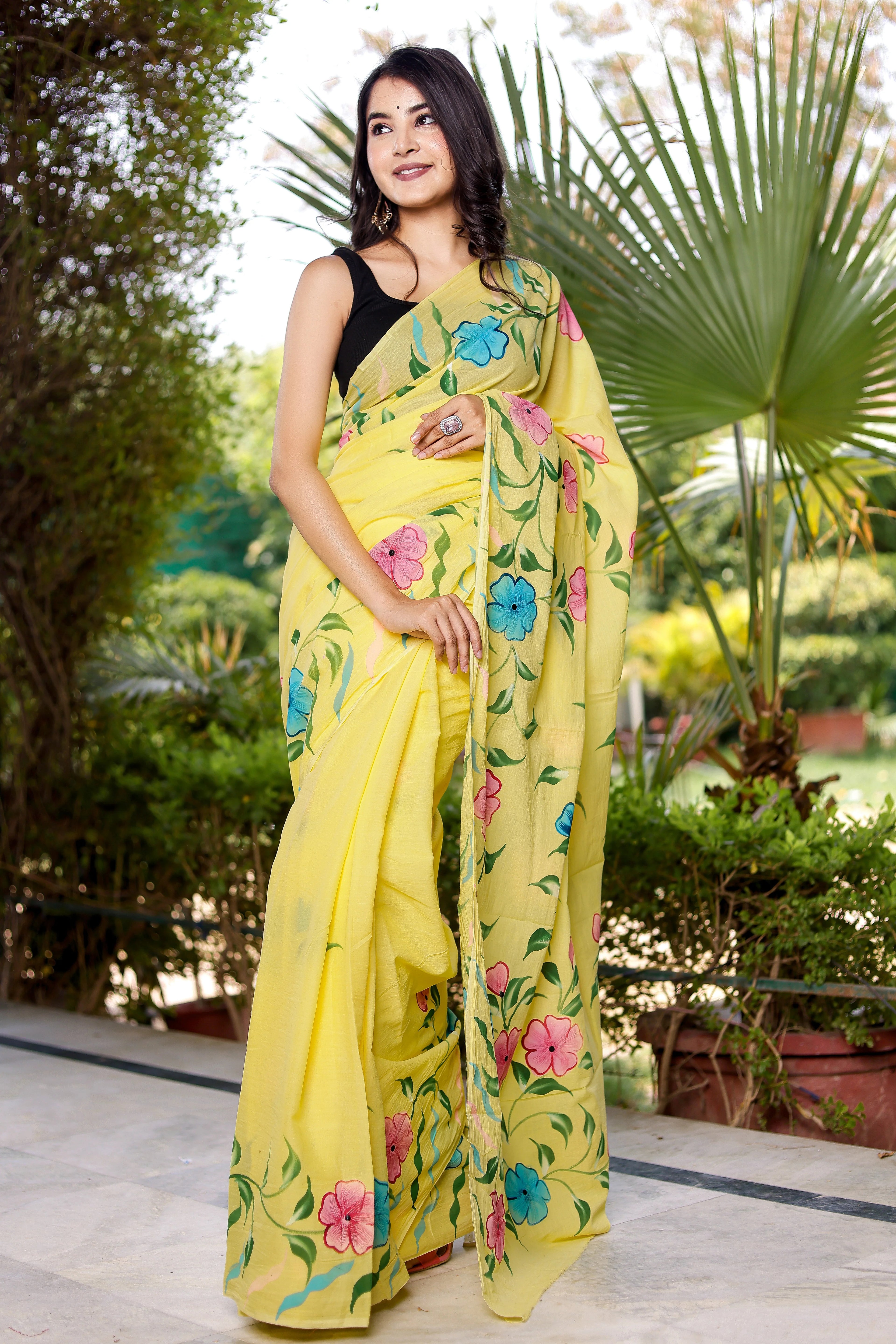 PICHI HAND PAINT PRIMUM SOFT ORIGNAL PURE MUSLIN SILK YELLOW SAREE