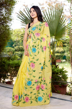PICHI HAND PAINT PRIMUM SOFT ORIGNAL PURE MUSLIN SILK YELLOW SAREE