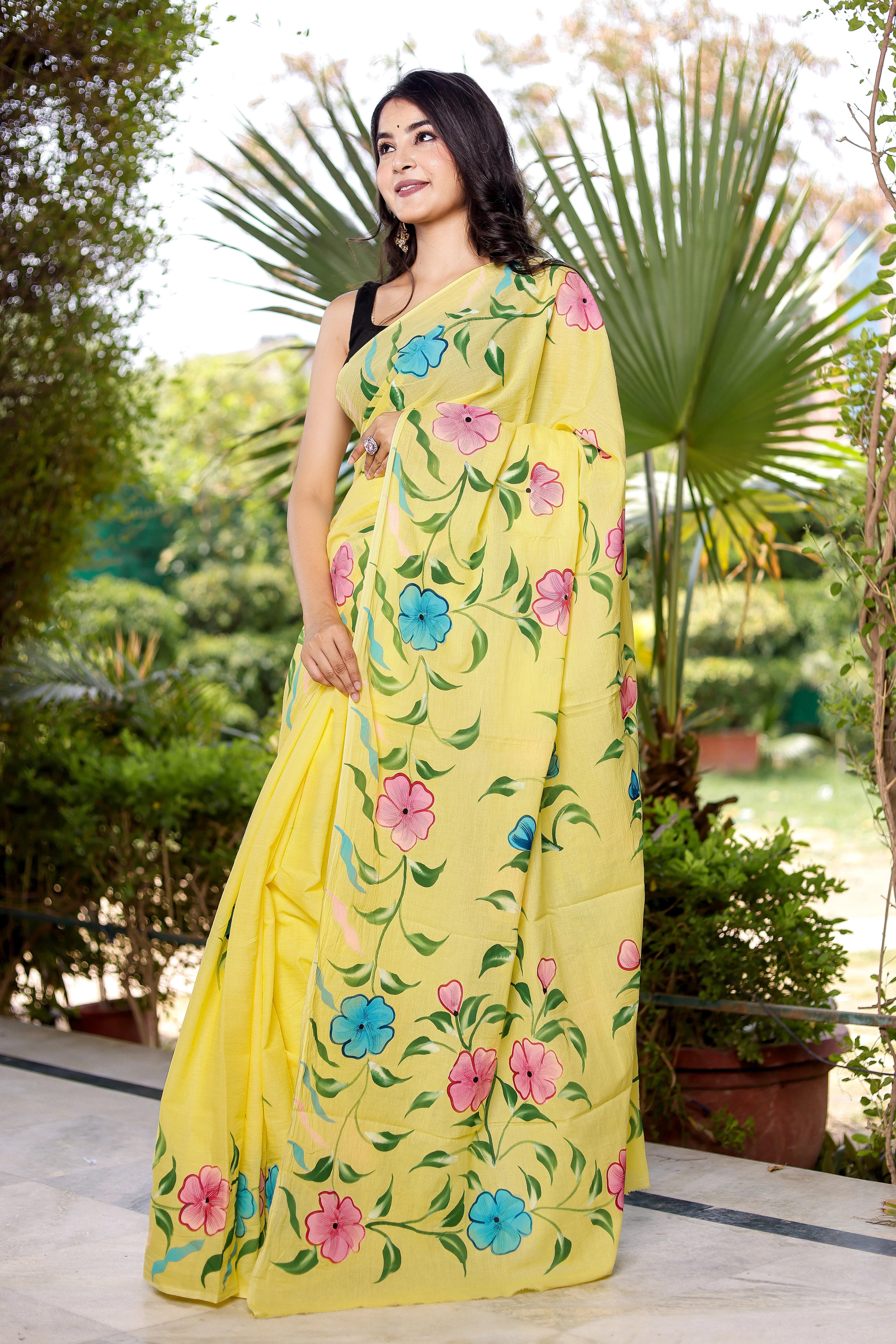 PICHI HAND PAINT PRIMUM SOFT ORIGNAL PURE MUSLIN SILK YELLOW SAREE
