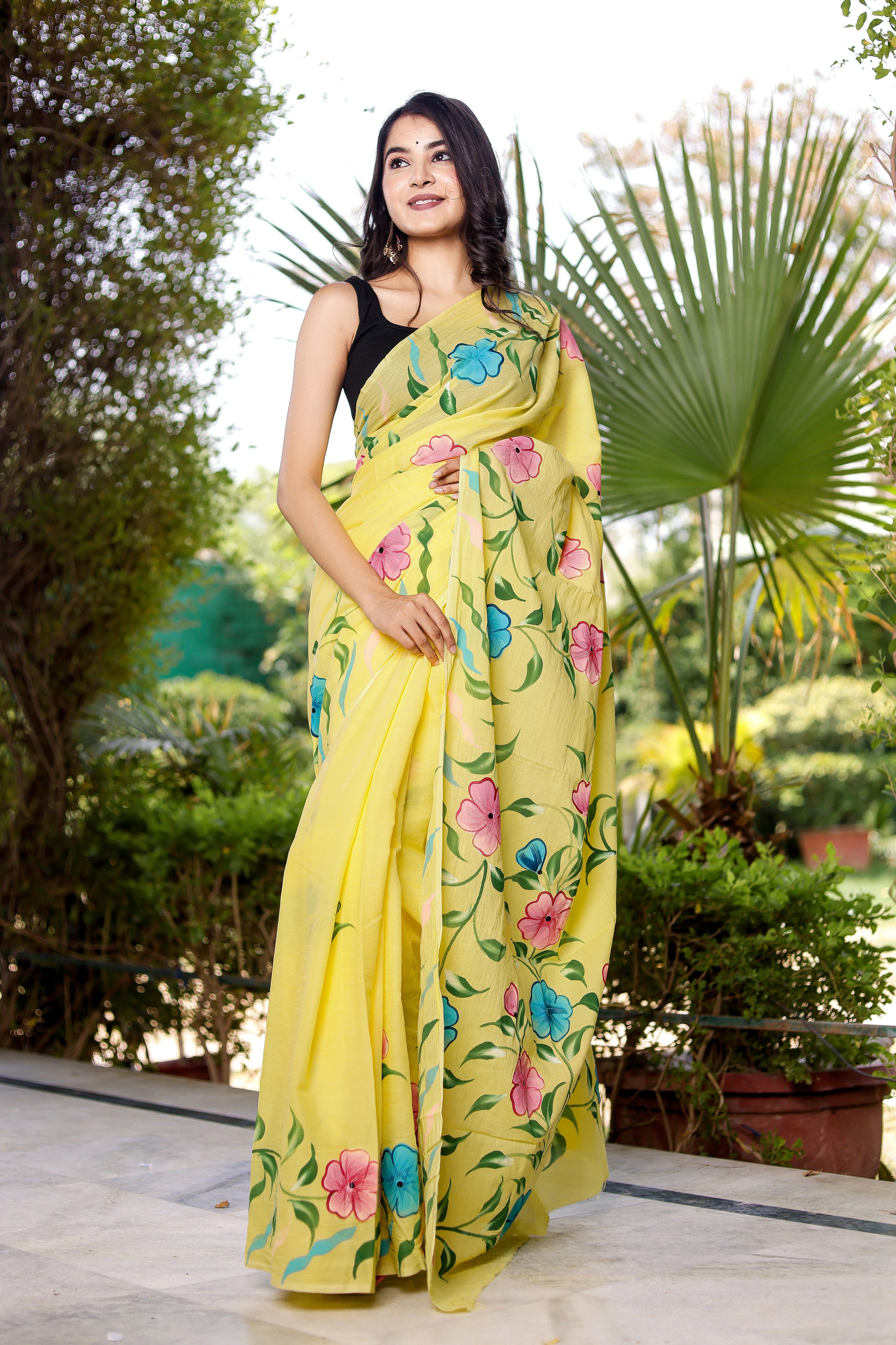 PICHI HAND PAINT PRIMUM SOFT ORIGNAL PURE MUSLIN SILK YELLOW SAREE