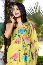 PICHI HAND PAINT PRIMUM SOFT ORIGNAL PURE MUSLIN SILK YELLOW SAREE