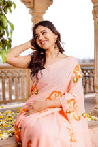 PICHI HAND PAINT PRIMUM SOFT ORIGNAL PURE MUSLIN SILK PEACH SAREE